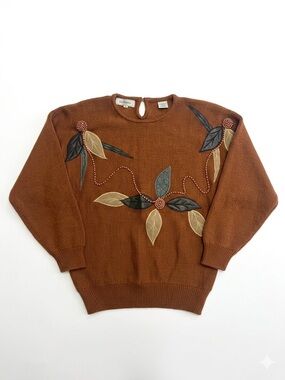J.J.Fargo Vintage 80s 90s Brown Beaded Leather Applique Knit Sweater Medium